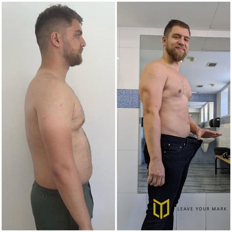 A client holding out the waistband of his old jeans
